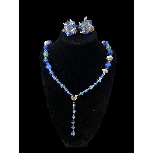 Vendome Aurora Borealis Blue Rhinestone Clip On Earrings and Necklace Set - Picture 1 of 8